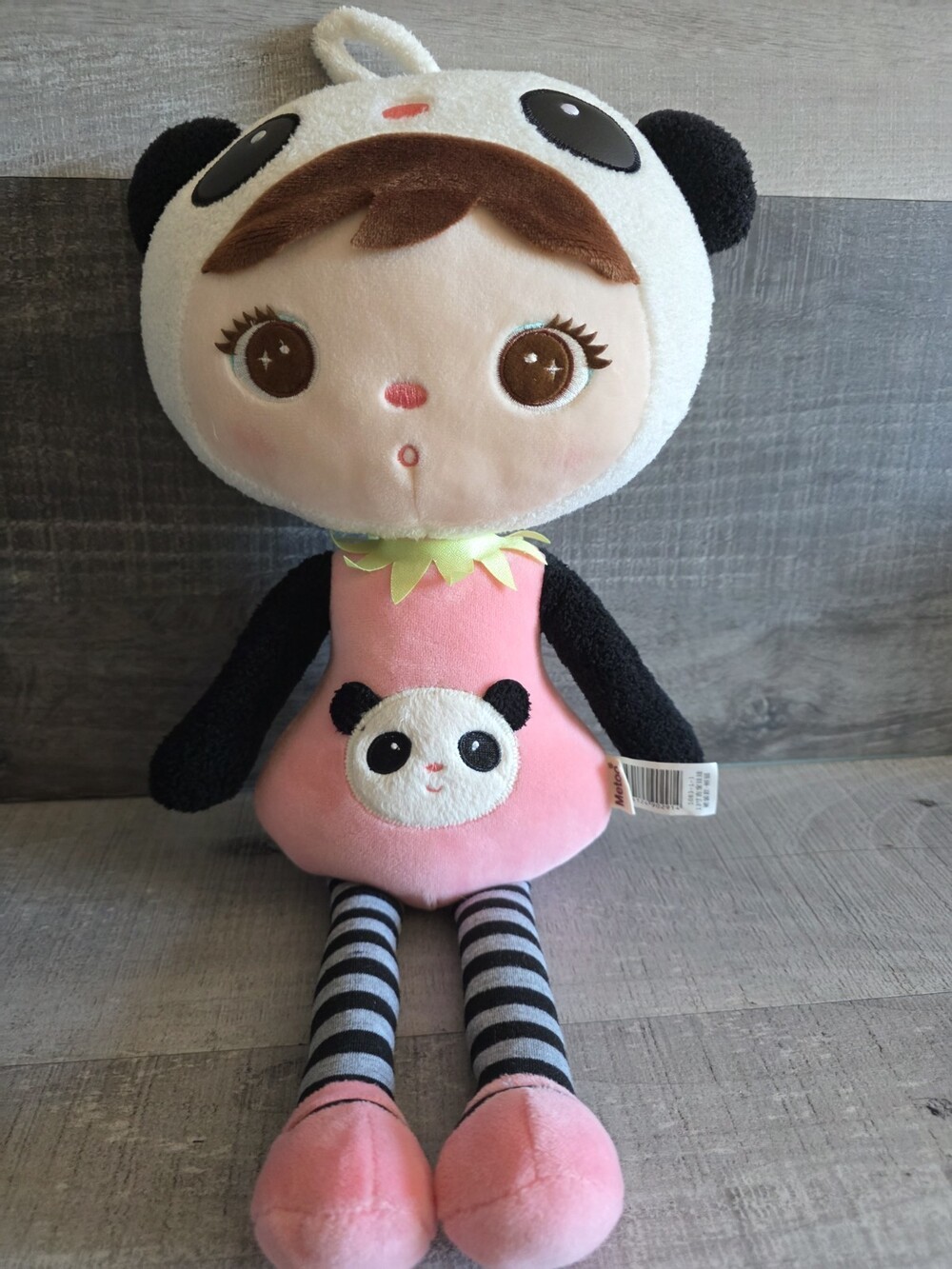 MeToo Panda Girl Angela 18" Plush Doll Pink Shoes Black Gray Stripe RARE g53
